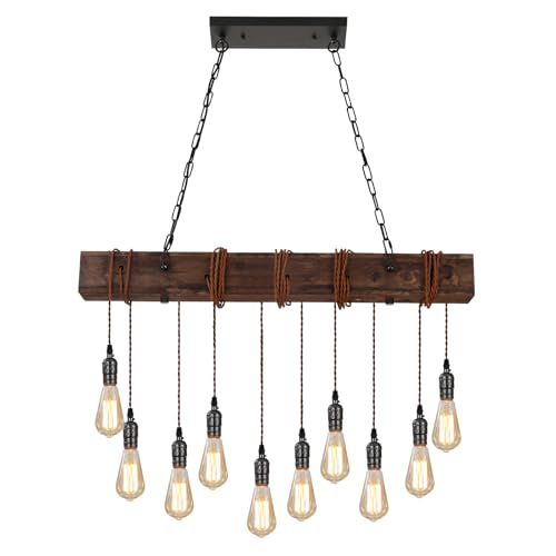 KEESFU 10-Lights Rustic Chandeliers for Dining Room, Farmhouse Wooden Ceiling Pendant Light, Height Adjustable, Rectangle Chandelier for Kitchen Island Dining Room Bar Pool Table Cabin.