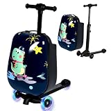 smilesun 4-in-1 Detachable Scooter Luggage for Kids & Teens, Hardside Ride-On Suitcase with Dinosaur Design, Lightweight Foldable, Perfect Travel Gift for Boys(Navy Blue 22-inch)