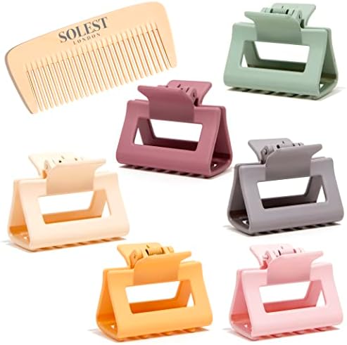 Solest London Hair Claw Clips - Square Medium Colourful Clips for Women and Girls - Pack of 6 - Hair Claws for Thick Thin Fine Long Hair - 6 Vibrant Matte Colours Hair Clips with a hair comb gift