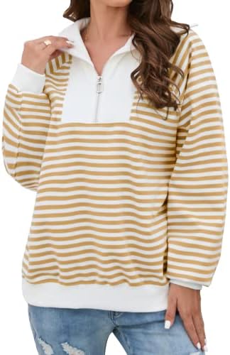 ALEIBUAU Womens Tops Fall Clothes Half Zip Striped Spliced Hoodies Long Sleeve High Neck Casual Sweatshirt Sweater Ginger S