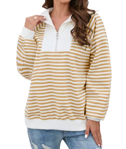 Aleibuau Womens Tops Fall Clothes Half Zip Striped Spliced Hoodies Long Sleeve High Neck Casual Sweatshirt Sweater Ginger S #TOP19