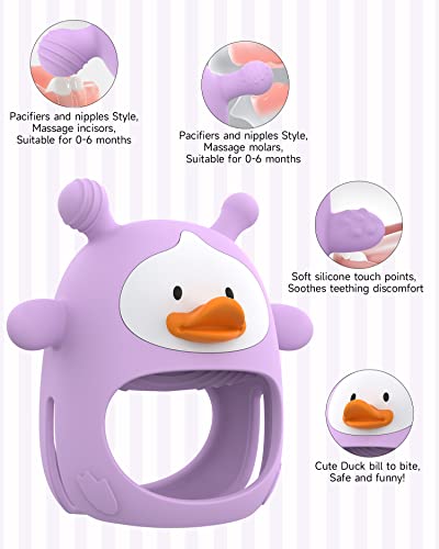 Image of Never Drop Silicone Baby Teether, Hand Pacifier for Sucking Babies 0-6 Months, Soothing Pain Relief, Best Chew Toy, Teething Mitten for New Born - Purple