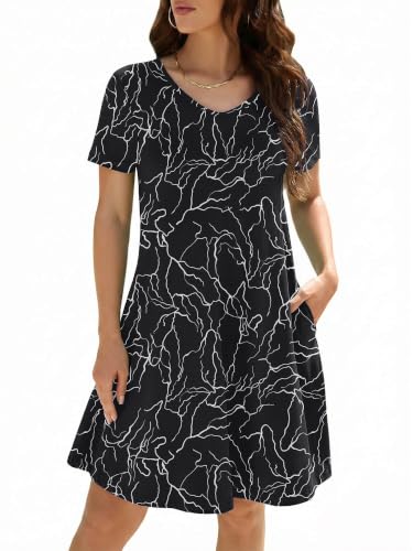 Image of KORSIS Dresses for Women Casual T-Shirt Summer Short Sleeve Loose Comfy Dress Swing Flowy Beach Vacation Sundress with Pocket