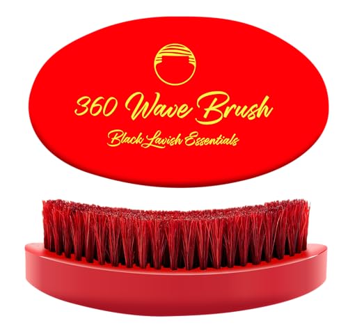 360 Wave Brush, Build Deeper Waves, Soft & Hard Boar Bristle Curved Brushes BLACK LAVISH ESSENTIALS (Medium-Hard, Red)