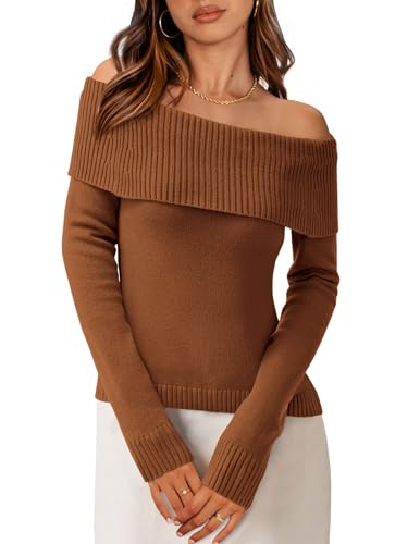 PRETTYGARDEN Off The Shoulder Sweater for Women 2025 Fall Fashion Cute Long Sleeve Tops Winter Ribbed Pullover Knit Outfits