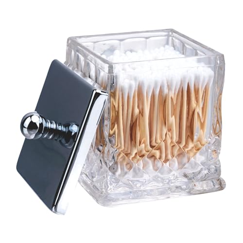 ZIVQEXMURL Qtip Holder,15Oz Clear Glass Apothecary Jars with Silver Lids for Bathroom Organization & Desk Storage,Thick Glass Apothecary Jars for Q-Tips,Cotton Rounds,Jewelry,Candy,Square