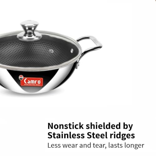 Image of Camro Kadai with Glass Lid 8.0 Litre 34 Cm| Honeycomb Triply Kadhai for Cooking | Curry Stir-Fry Deep Fry Dry Veg | Cookware kadai with Steel Handle |Non Stick kadhai for Frying |Induction Base & Gas