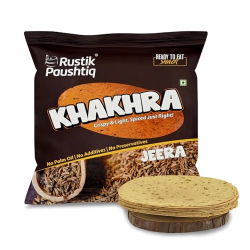 Image of RUSTIK PAUSHTIK Baked Khakhra Combo Pack - 200g x 4 Packets | 2 Tomato Chilli & 2 Jeera Flavour | Gujarati Snack | High Fiber Diet Snack | No Palm Oil | Ready to Eat Tea Time Snack | 800g