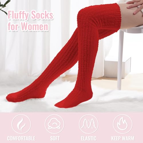 Image of Moon Wood Womens Thigh High Socks Long Soft Warm Leg Warmers Fuzzy Over Knee High Stockings Coral Fleece Plush Socks