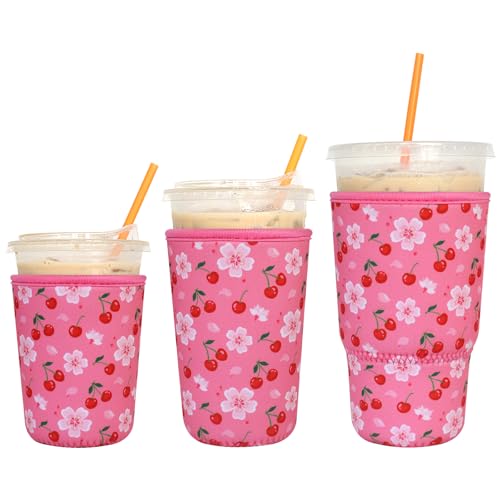 Image of 3 Pack Reusable Iced Coffee Sleeves - Xumbtvs Insulator Sleeve for Cold Beverages, Neoprene Coffee Cup Holder (Cherry blossom)