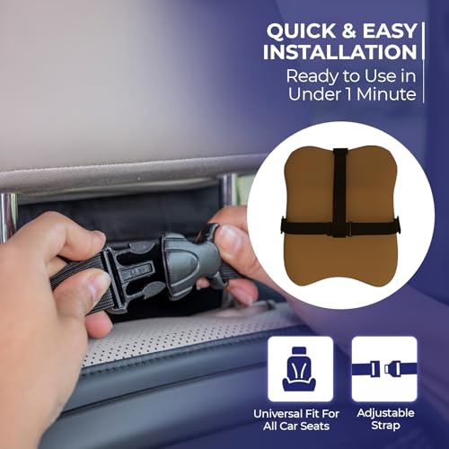Image of WELLGIVER Orthopedic Memory Foam Car Neck Rest Pillow - Cervical Support Cushion for Neck Pain Relief, Adjustable Strap - Universal Fit for All Cars | TAN Velvet | Pack of 2