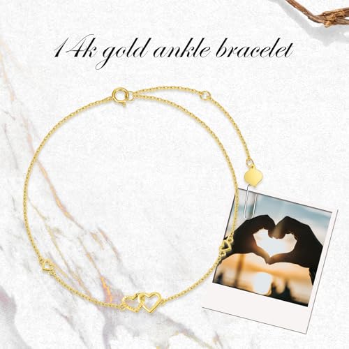 Image of 14K Real Gold Heart /Corss Ankle Bracelet for Women Yellow Gold Anklet Love Ankle Bracelet Anniversary Jewelry for Wife Birthday Gifts for Her 8''-10''
