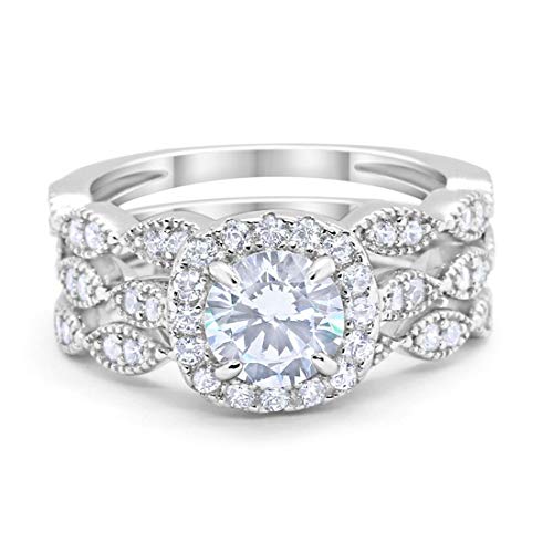 Blue Apple Co. Halo Art Deco Three Piece Wedding Engagement Bridal Set Ring Band Solid Simulated Cubic Zirconia 925 Sterling Silver, Size-11