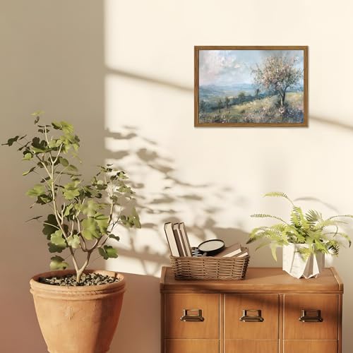 Image of Cottage Core Wall Art Vintage Cottagecore Wall Decor Pictures Blue Nature Country Landscape Poster Painting Canvas Print for Bedroom Living Room Farmhouse 16x12 inch Wood Framed
