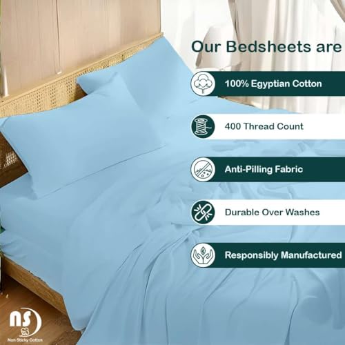 Image of NON Sticky cotton Premium 4 Piece Egyptian Cotton Fitted Queen Sheet Set, Hotel Quality Soft Breathable Bedding Sheets, 9 inch Deep Pocket, 60 inch X 80 inch, Light Blue Solid