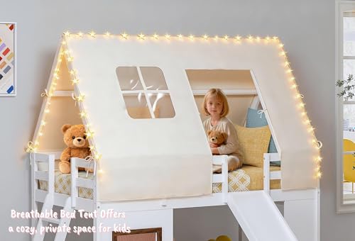 Spirich Wood Twin Over Twin Bunk Bed with Slide and Ladder, Kids House Bunk Bed Frame with Tent Roof Cover,Windows, White
