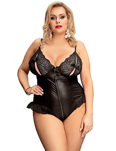 ohmydear Women's Bodysuits Plus Size Faux Leather Lingerie Sets Pvc Body Suits Sexy Zipper Crotch Black Leotard Top Clubwear Latex Rave Outfit Uk 20-22