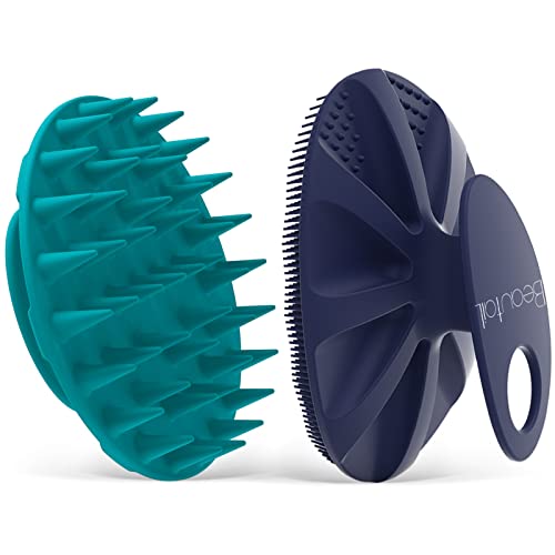 BEAUTAIL 1 Pcs Silicone Body Scrubber Bath Shower Brush DarkBlue and 1 Pcs Silicone Scalp Massager Shampoo Brush LightBlue