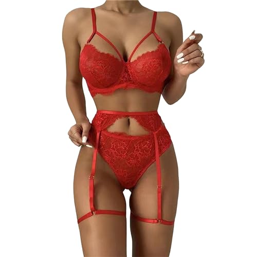 Lingerie push up sexy avec jarretelles et soutien-gorge armature transparent rouge