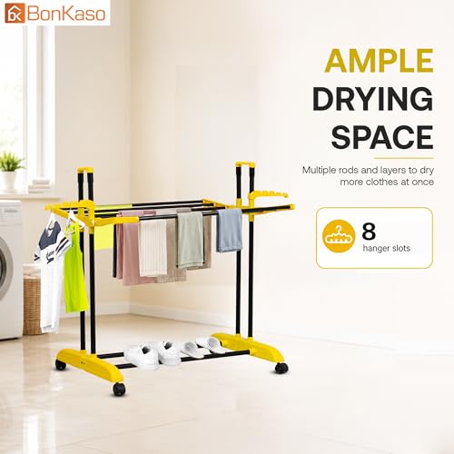 Image of BonKaso AirFold Mini 1-Tier Foldable Clothes Drying Stand, Laundry Rack with Wheels and 8 Hanger Slots for Indoor Outdoor Home Laundry