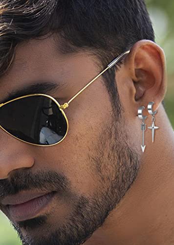 Ofeiyaa 12 Pairs Stainless Steel Classic Dangle Earrings for Men Punk Gothic Long Chain Piercing Drop Earring Set Hinged Hoop Huggies Earring Jewelry Gift Silver Black Tone