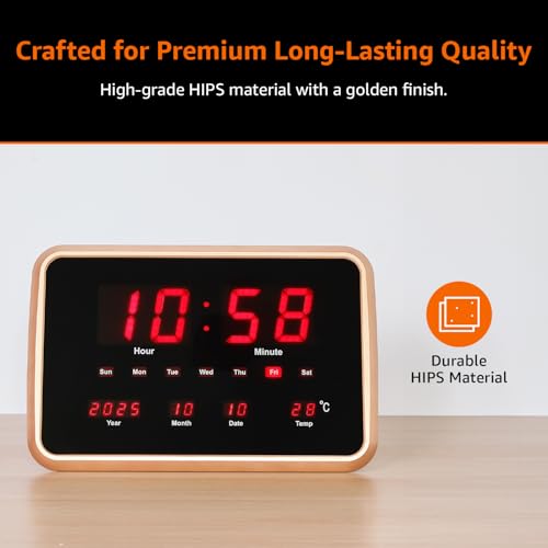 Image of Amazon Basics LED Digital Wall and Table Clock with Auto Brightness, Golden color, HIPS Material,USB Powered, 12 /24 Hour Format, Large Display for Living Room, Bedroom or Office (Size: 38 x 25 x 3.4 cm)
