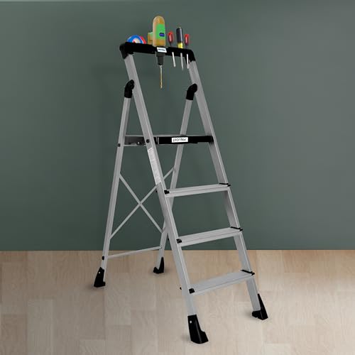 Plantex Thor Aluminium Step Folding Ladder 4 Step for Home with Advanced Locking System - Anti Slip 4 Step Ladder (Silver & Black)