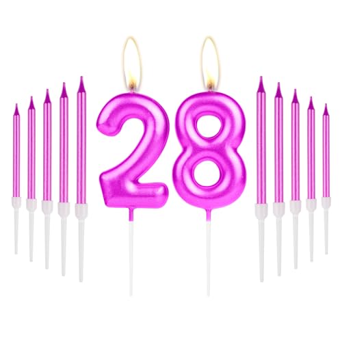 Hot Pink Metallic 28 Number Birthday Candles with Thin Pearl Long Pencil Candles,Glitter 28th Cake Topper Candle for Women 28 Birthday Party Decorations