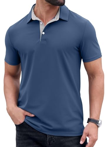 Image of PrinStory Mens Short Sleeve Polo Shirts Summer Basic Work T-Shirt Tops Casual Classic Golf Polos (Navy Blue, M)