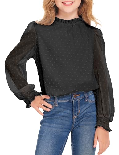 Image of Arshiner Girls Long Sleeve Shirts Chiffon Blouses Swiss Dot Frill Neck Top
