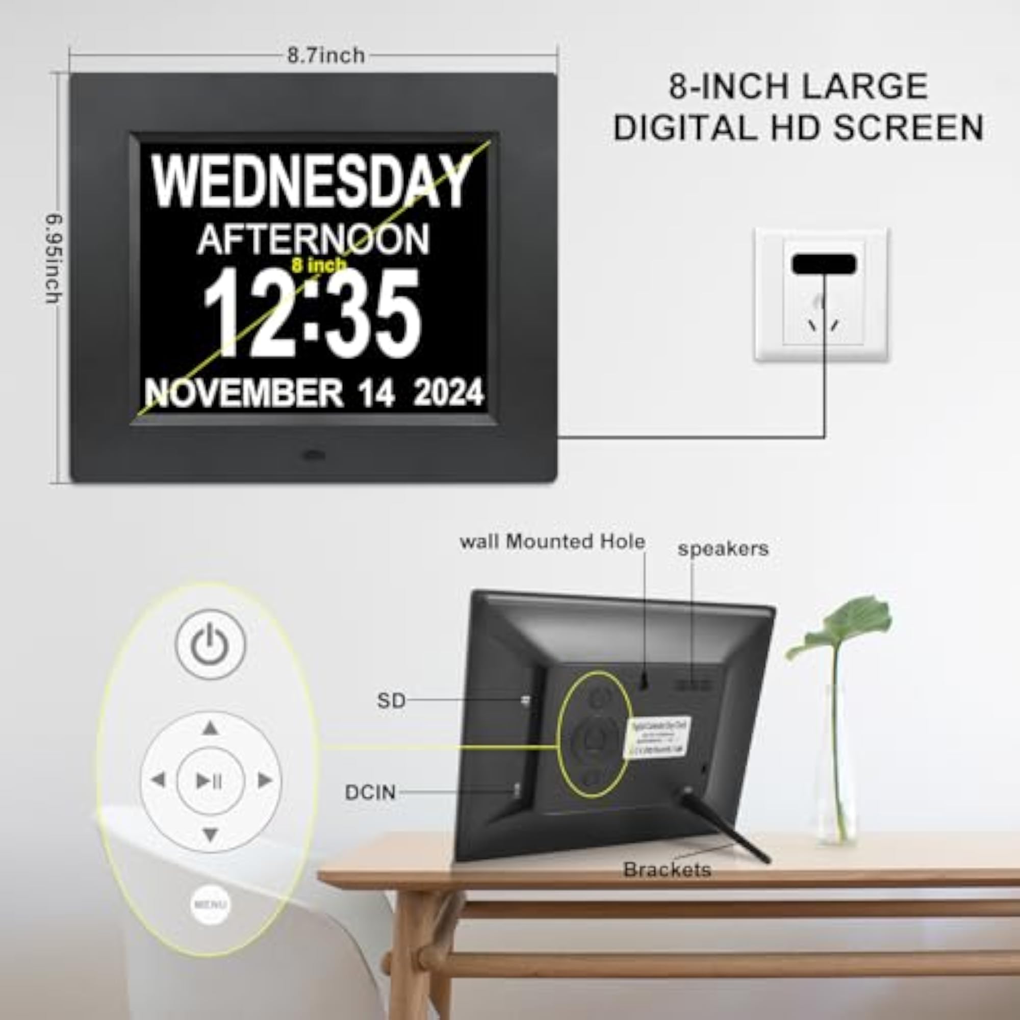 8 Inch Digital Day Calendar Clock with Alarm Reminders