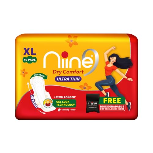 NIINE Dry Comfort Ultra Thin XL - Compresas sanitarias para mujer con tecnología Fluid Lock Gel (paquete de 1), 40 almohadillas (paquete súper ahorrador)