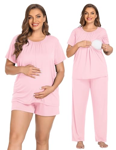 Image of SWOMOG Women 3Pcs Maternity Pajama Set Nursing Pjs Pregnancy Set Breastfeeding Pjs Double Layer with Pockets