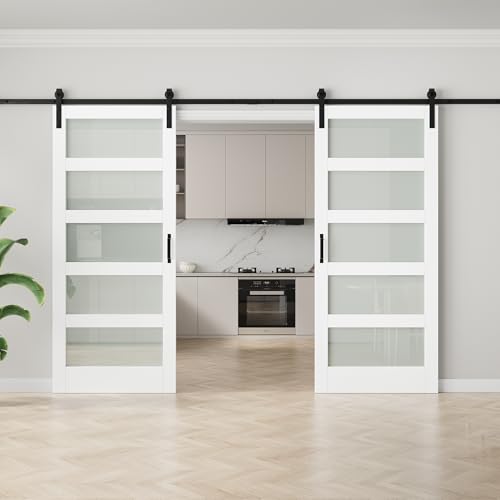 Image of 72 inchx84 inch Frosted Glass Barn Door and 13.2FT Sliding Hardware & Handle, White | Pre-Drill Holes Double Barn Door For Easy Assembly, Solid Core Wood Sliding Barn Door for Water-Resistant & Sound Reduction