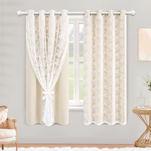 Image of Yinhua Blackout Curtains for Bedroom Double Layer Beige Curtains for Living Room 54 Inch Length 2 Panels Set Kid Curtain with Floral Sheer Overlay, Grommet Drapes with Tiebacks, 52 inch W x 54 inch L