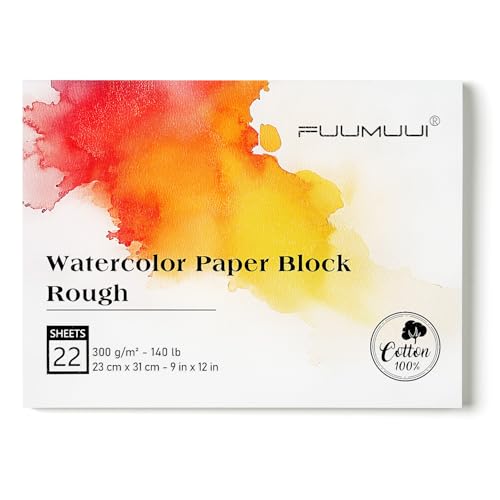 Fuumuui 9×12 Watercolor Paper Block, Textured Rough 100% Cotton Watercolor Paper, 140lb/300gsm, 22 Sheets, Acid-Free, Art Paper for Painting & Drawing, Wet, Mixed Media, Rough Grain