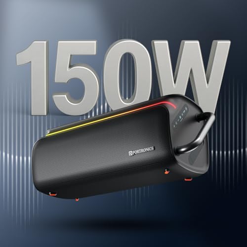 Image of Portronics Nebula X 150W Party Speaker with Wireless Karaoke Mic, 6 Hours Playtime, Bass Boost Technology, TWS Mode, RGB LED Lights, BT V5.3, USB /AUX in, Sturdy Metal Handles, Type C Charging(Black)