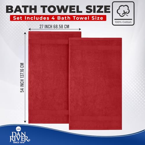 Image of DAN RIVER Bath Towels Set of 4, 27 x 54 Inches, 100% Cotton, Larger & Lighter Weight, Quicker to Dry, Super Soft and Absorbent, Ideal Absorbent Bath Towels for Daily Use, Red