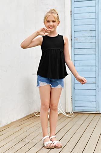 Girls Tank Top Summer Sleeveless T Shirt Ruffle Peplum Flowy Crewneck Casual Cute Tee Blouse Age 5-13 Black #TOP3