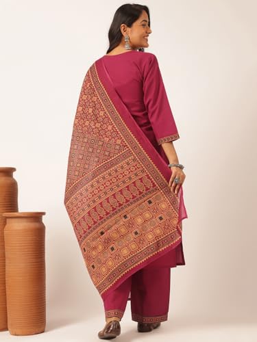 Image of Vbuyz Women Ajrakh With Yoke design Cotton Straight Kurta Set With Dupatta