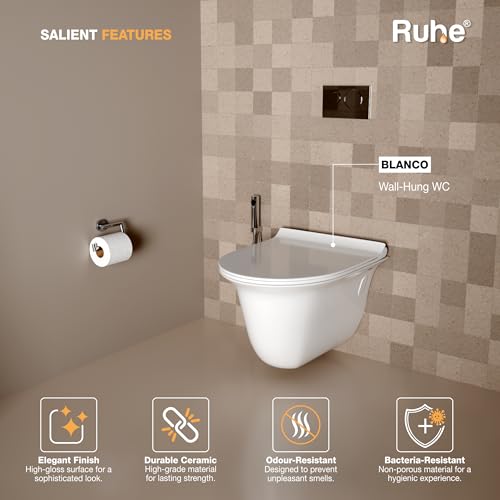 Image of Ruhe Blanco Wall-Hung Rimless Western Commode with Soft Close Seat Cover, Washdown Flushing System, P-Trap, White Glaze Ceramic, 22 x 14 x 14 Inches