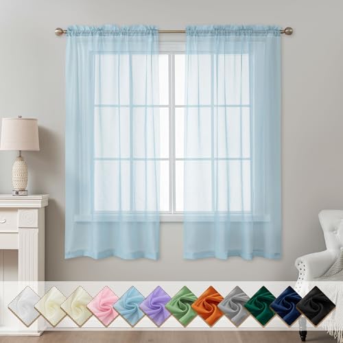 Image of Blue Sheer Curtains 63 Inch Length, Privacy Semi Sheer Curtains for Living Room Bedroom, Light Filtering Rod Pocket Voile Window Drapes 2 Panels Set, Each 42 inch W x 63 inch L