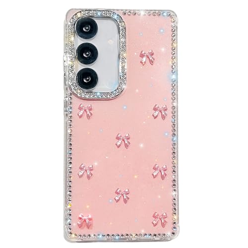 Coque Phone17 Pro Max antichoc en silicone rose avec nœud diamant fin