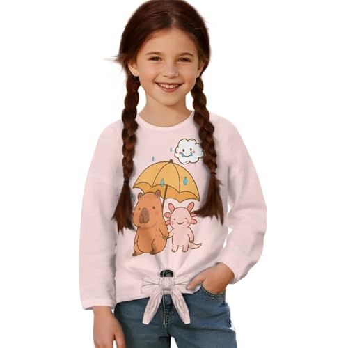 Girls Long Sleeve Shirts with Tie Hem Casual Tops Pullover Round Neck Basic Tees Kid Fit Blouses 5-12 Years