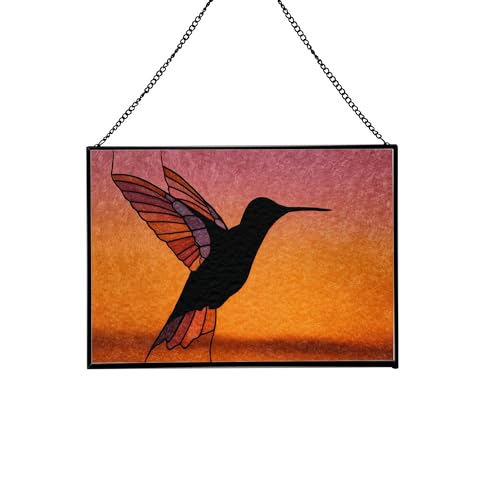 Hummingbird Shadow – Amber Sky Animal Stained Glass Suncatcher – Rectangular Hanging Window Panel with Artistic Nature Background – Wildlife Glass Art Gift for Animal and Nature Lovers A6LpoQ