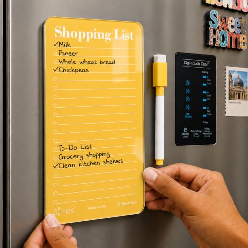 Image of 3 Lines Acrylic Magnetic Shopping List Notepad for Fridge │ to-Do List & Meal Planner │ Dry Erase Marker Included │ Kitchen Organisation │ 12 x 24 cm | Papaya Color | Large