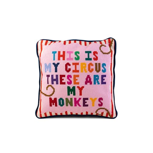 FURBISH Handmade Needlepoint Decorative Throw Pillow - My Circus - 11x11 - Small Embroidered Designer Pillow for Living Room Couch Sofa Chair & Bed - Eclectic Home Decor