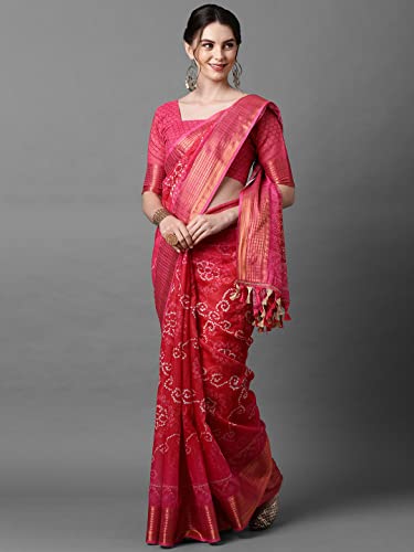 Image of AKHILAM Bandhani Print Linen Saree With Unstitched Blouse Piece for Women (SONPR1 Parent)