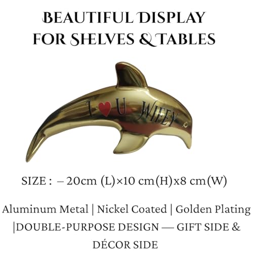 Image of Golden Dolphin Showpiece | Aluminium Nickel-Coated Figurine | inchI Love U Wifey inch Printed Gift | Romantic Valentine, Anniversary, Wedding, Engagement Gift for Wife ,fiancee| Home Decor Tabletop Ornament