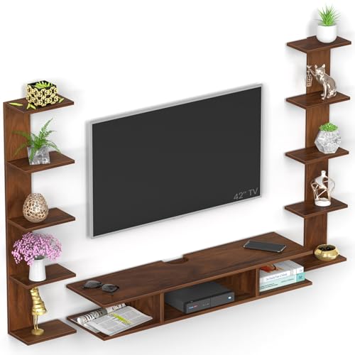 Image of BLUEWUD Estoye Standard Engineering Wood Wall Mount TV Entertainment Unit Set Top Box Stand /TV Cabinet Panel with Shelves for Books & Decor Display Unit, Ideal for 50 inch (Brown Maple)